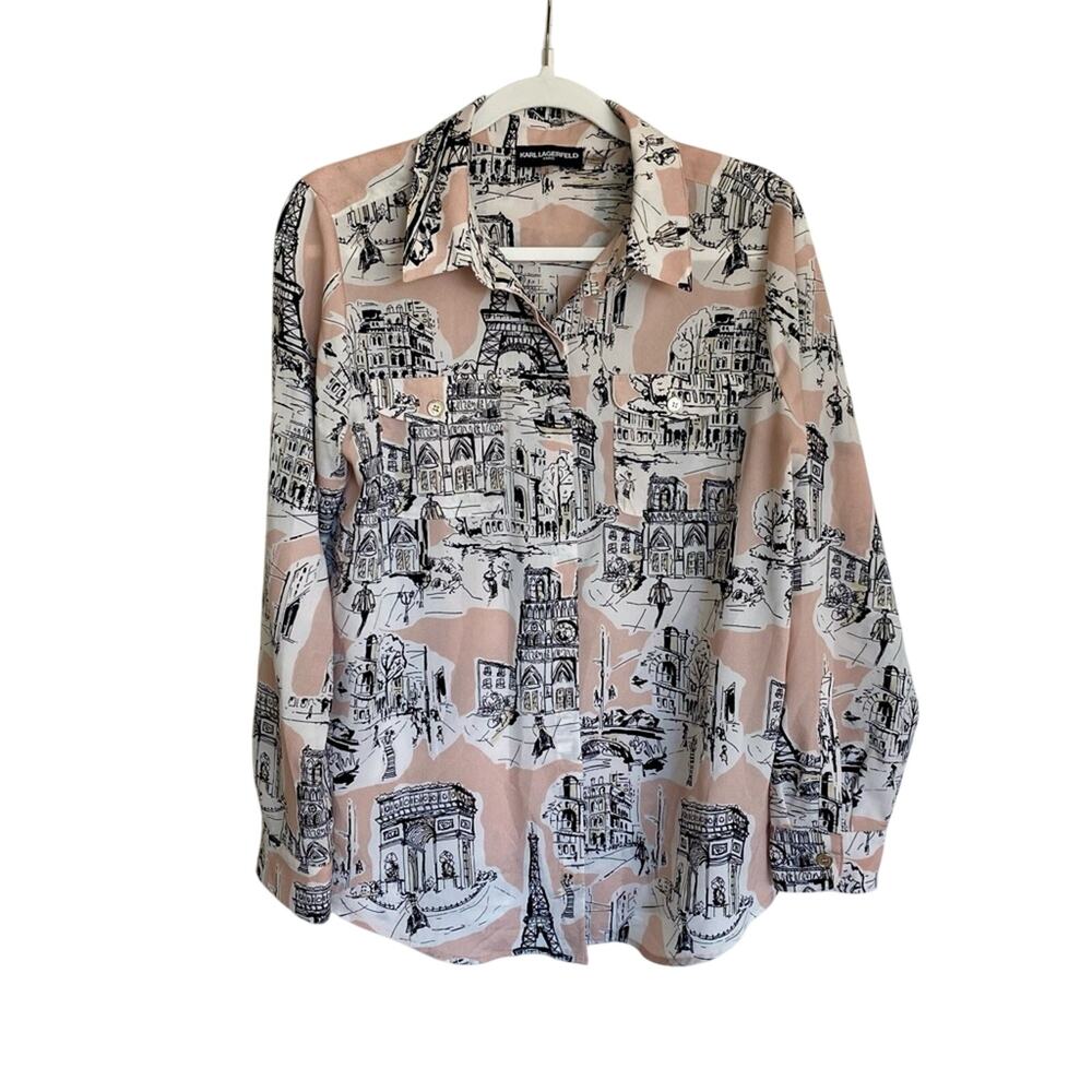 Karl Lagerfeld Spread Collar Parisan Rock Chic Modern Pocket Button Down Top